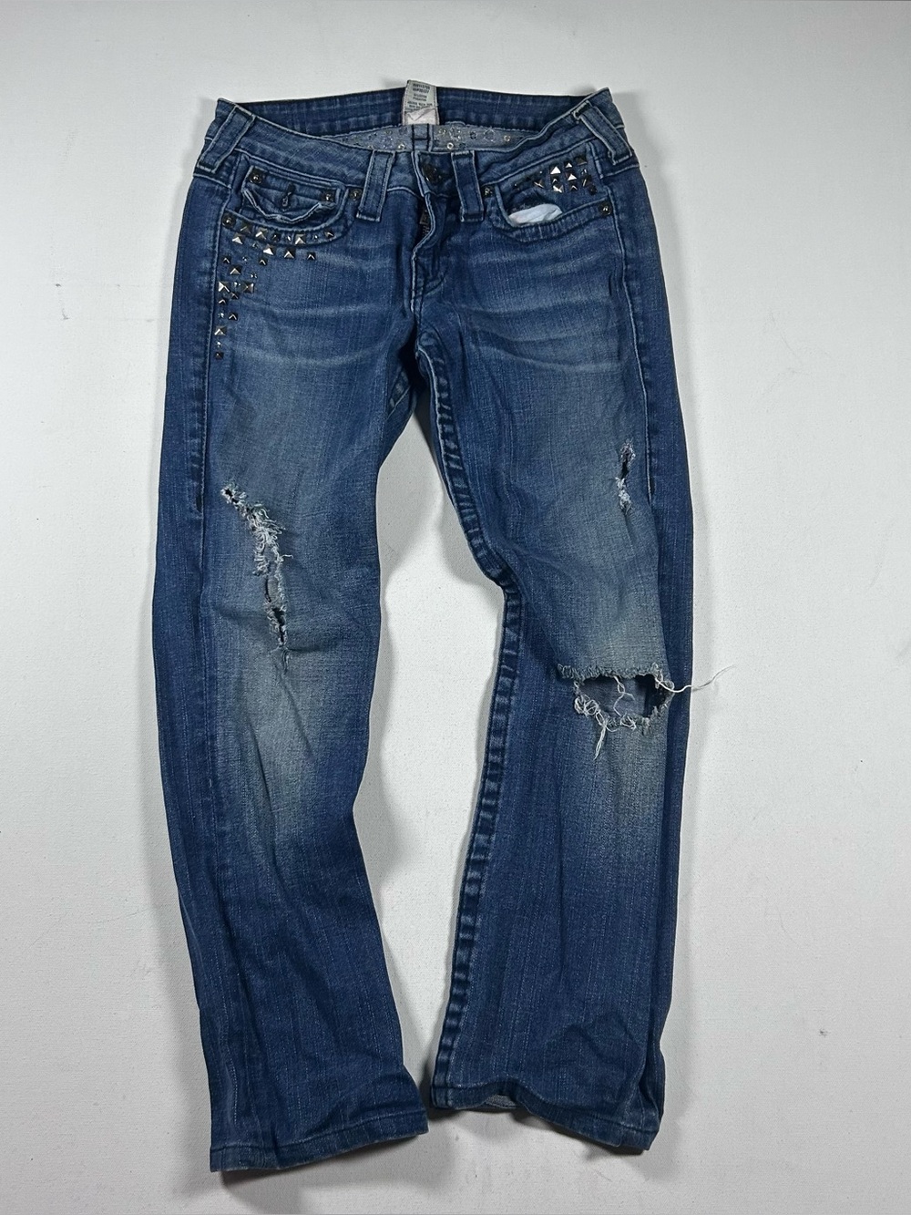 True Religion Billy Vintage Flap Pocket Studded Womens 28 x 26 Made USA Distress